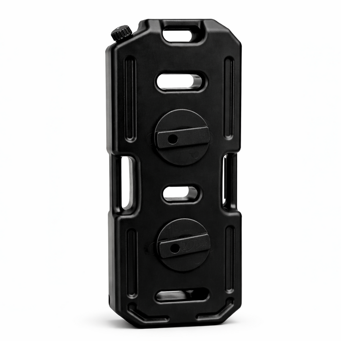 Black rugged fuel jerry on a white background