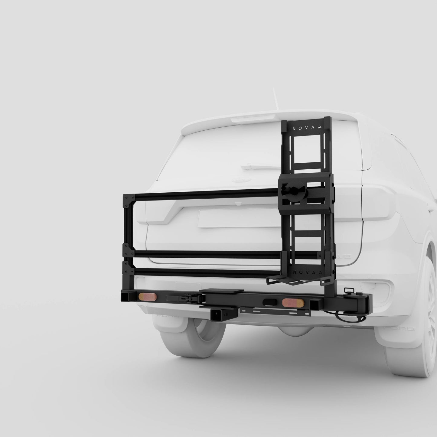 3D render showing hitch-mounted wheel holder setup for 4WDs