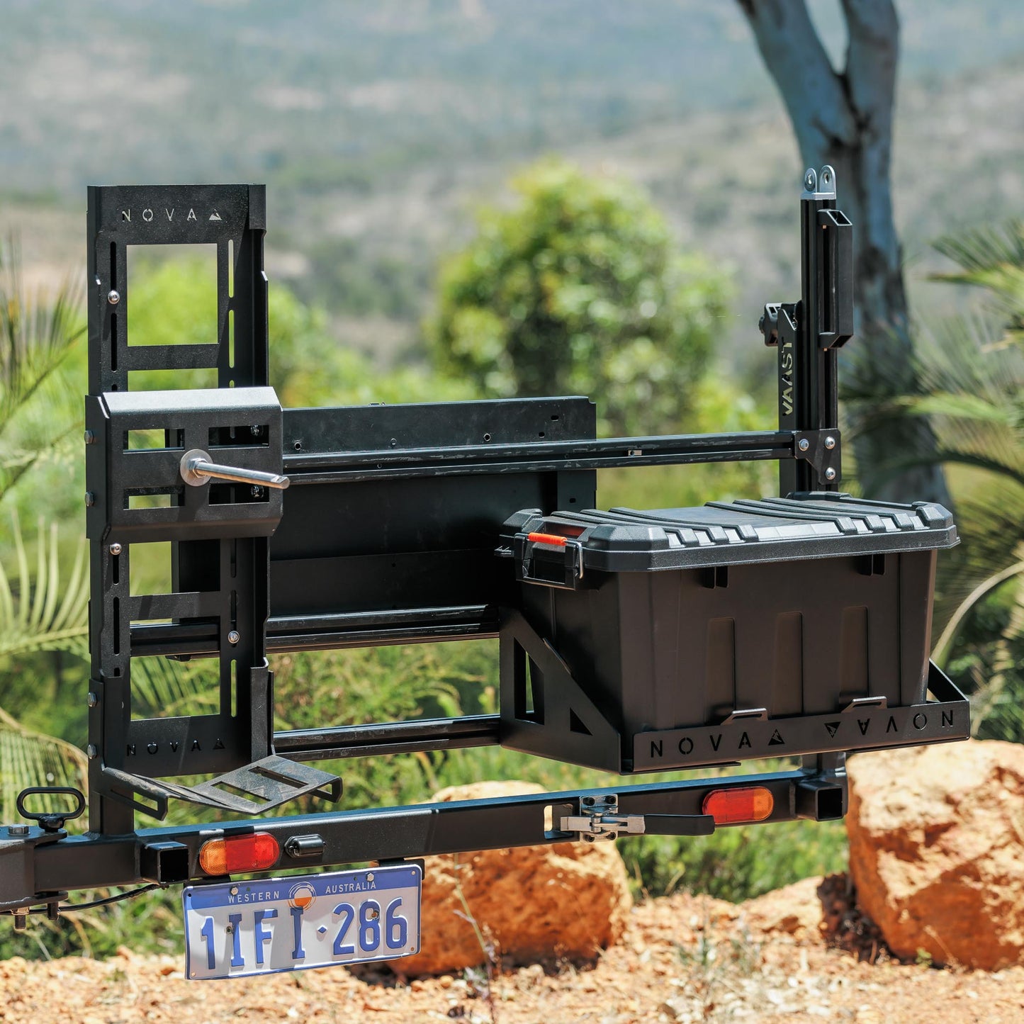 Novaa Gear wheel carrier ready for jerry cans, tables, and add-ons