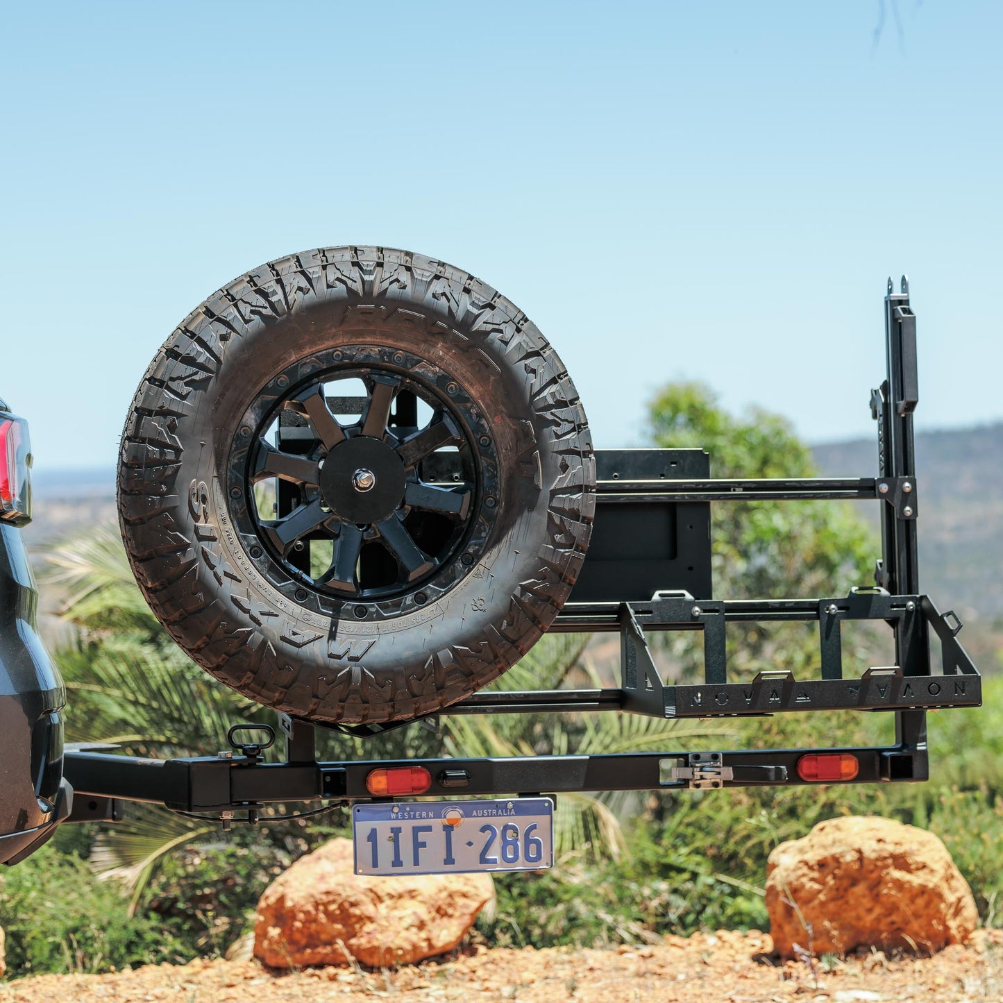 Wheel holder with modular bolt-on design, fitted to Novaa swing rack