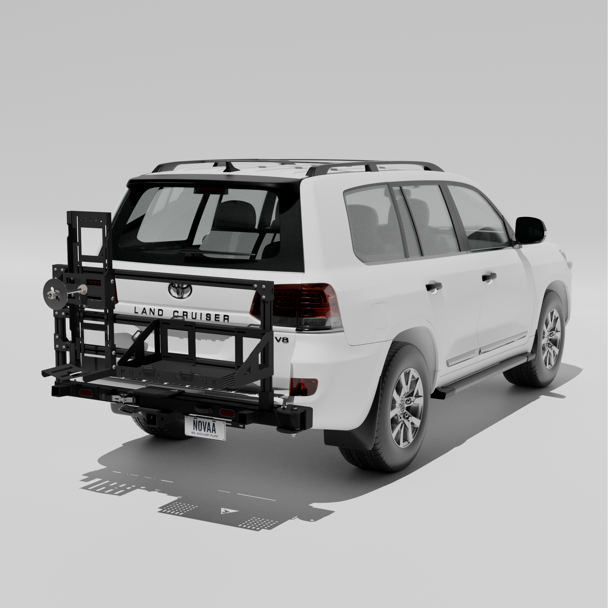 White Toyota Land Cruiser with a black bumper on a gray background