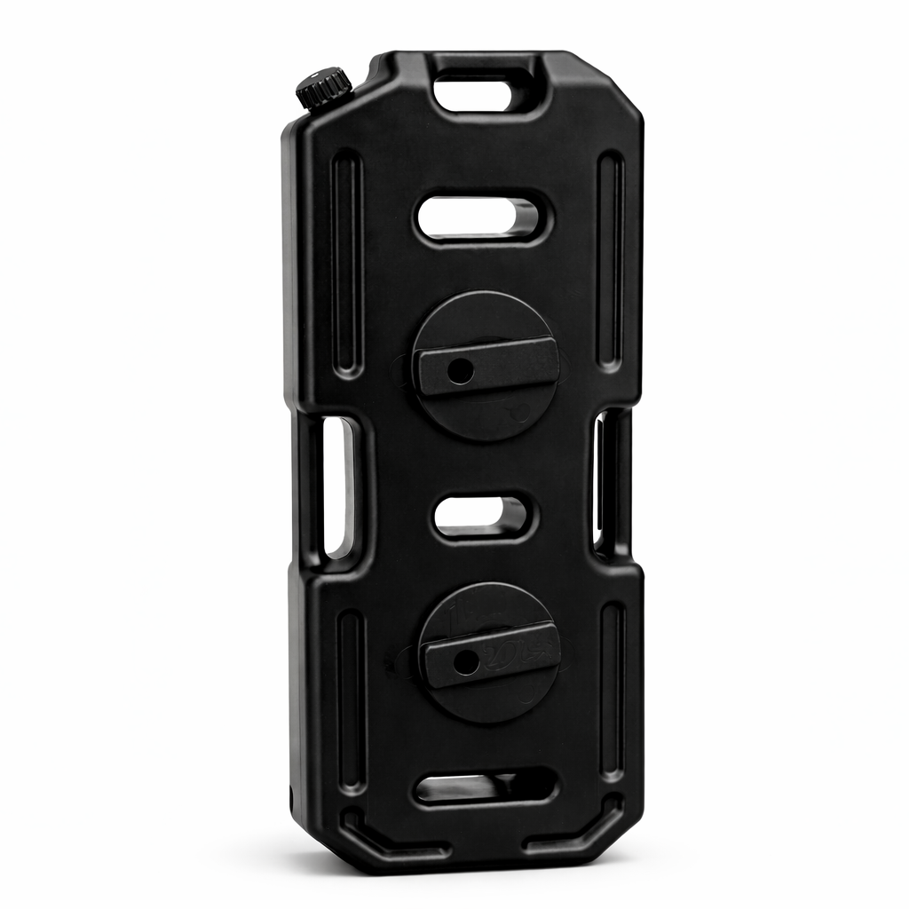Black rugged fuel jerry on a white background