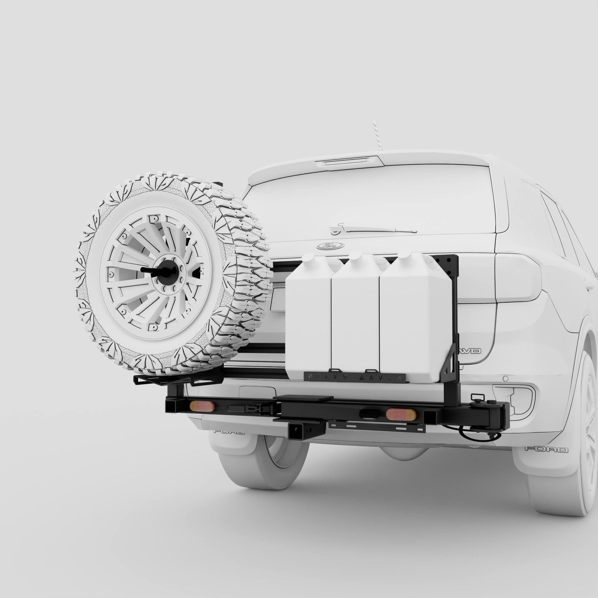 Full modular setup showing spare tyre, jerry cans and rack on 4WD