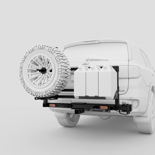 Novaa universal hitch-mounted rear bar with spare tyre, jerry cans and rack fitted