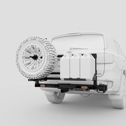 Full modular setup showing spare tyre, jerry cans and rack on 4WD