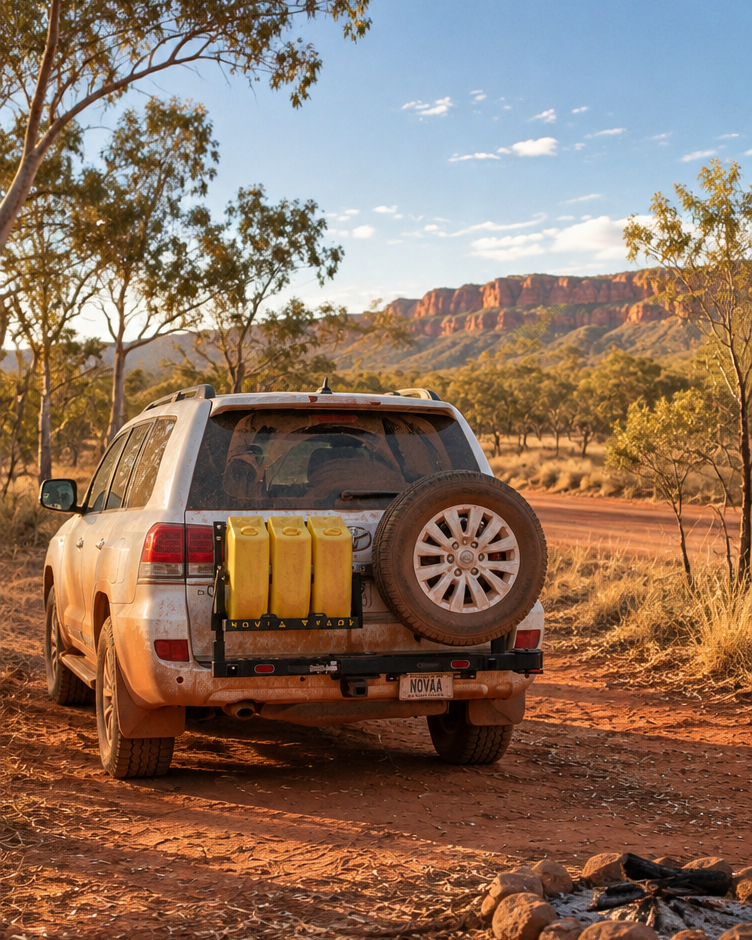 A white SUV parked on a dirt road in a desert landscape, viewed from the rear. The vehicle has a spare tire mounted on the back and three yellow fuel canisters strapped to the rear bumper.
