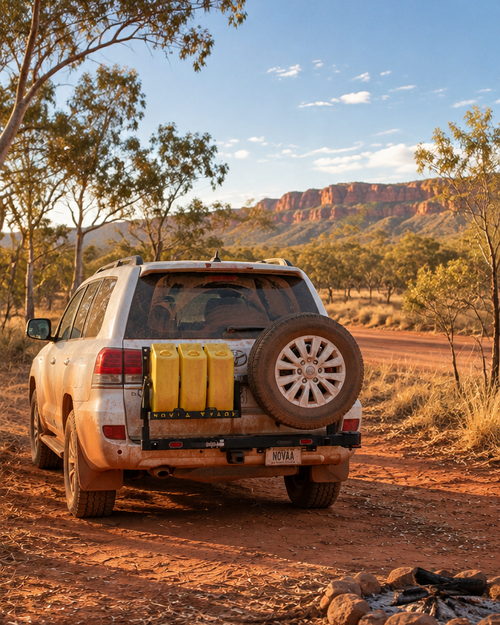 A white SUV parked on a dirt road in a desert landscape, viewed from the rear. The vehicle has a spare tire mounted on the back and three yellow fuel canisters strapped to the rear bumper.