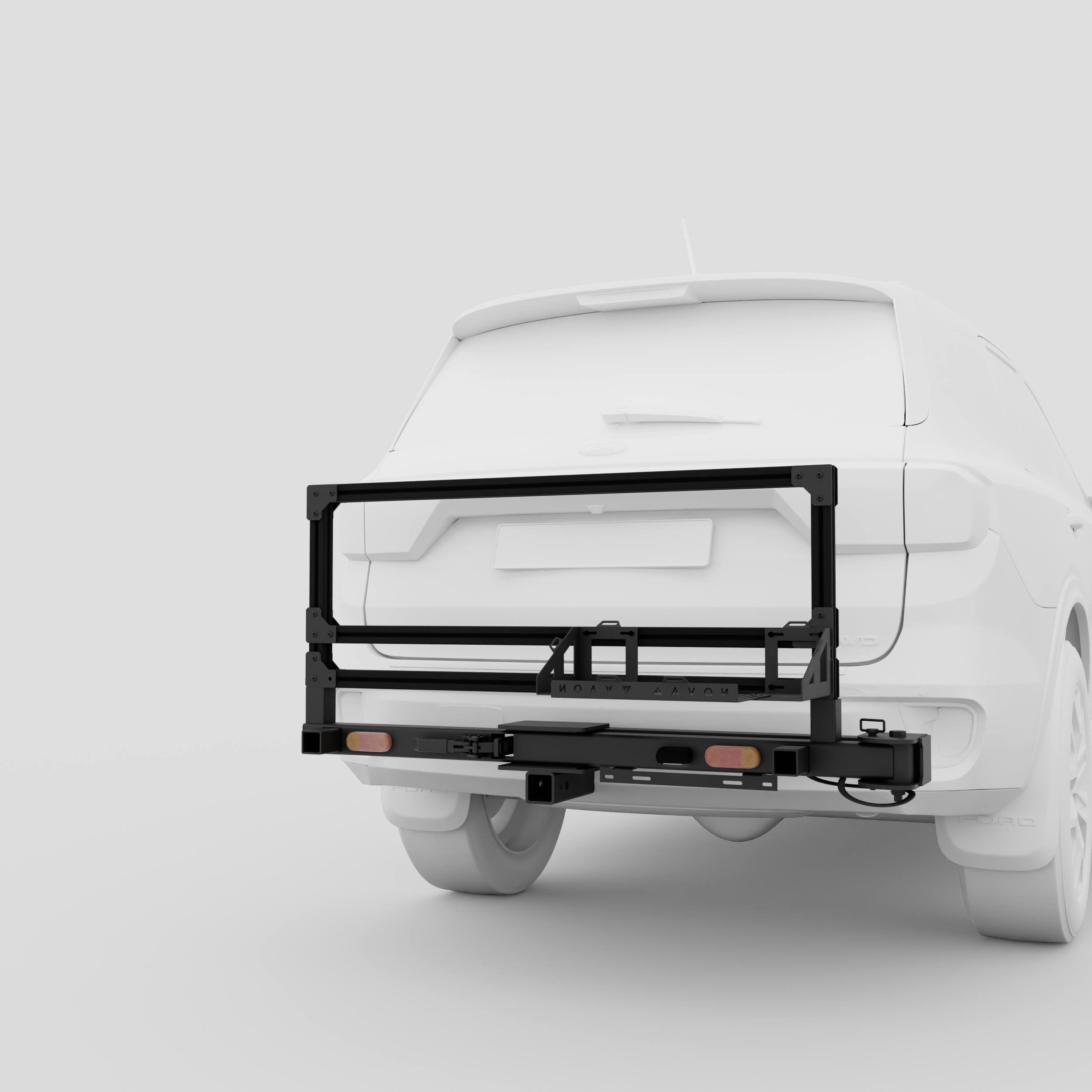 3D visual of modular hitch-mounted setup for tyres and jerry cans