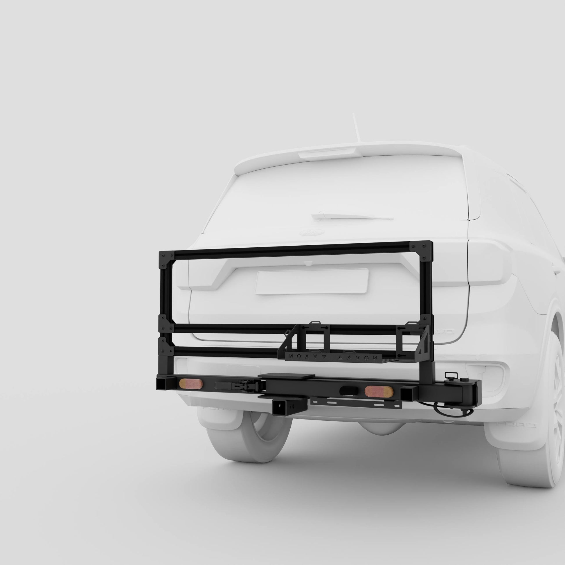 3D visual of modular hitch-mounted setup for tyres and jerry cans