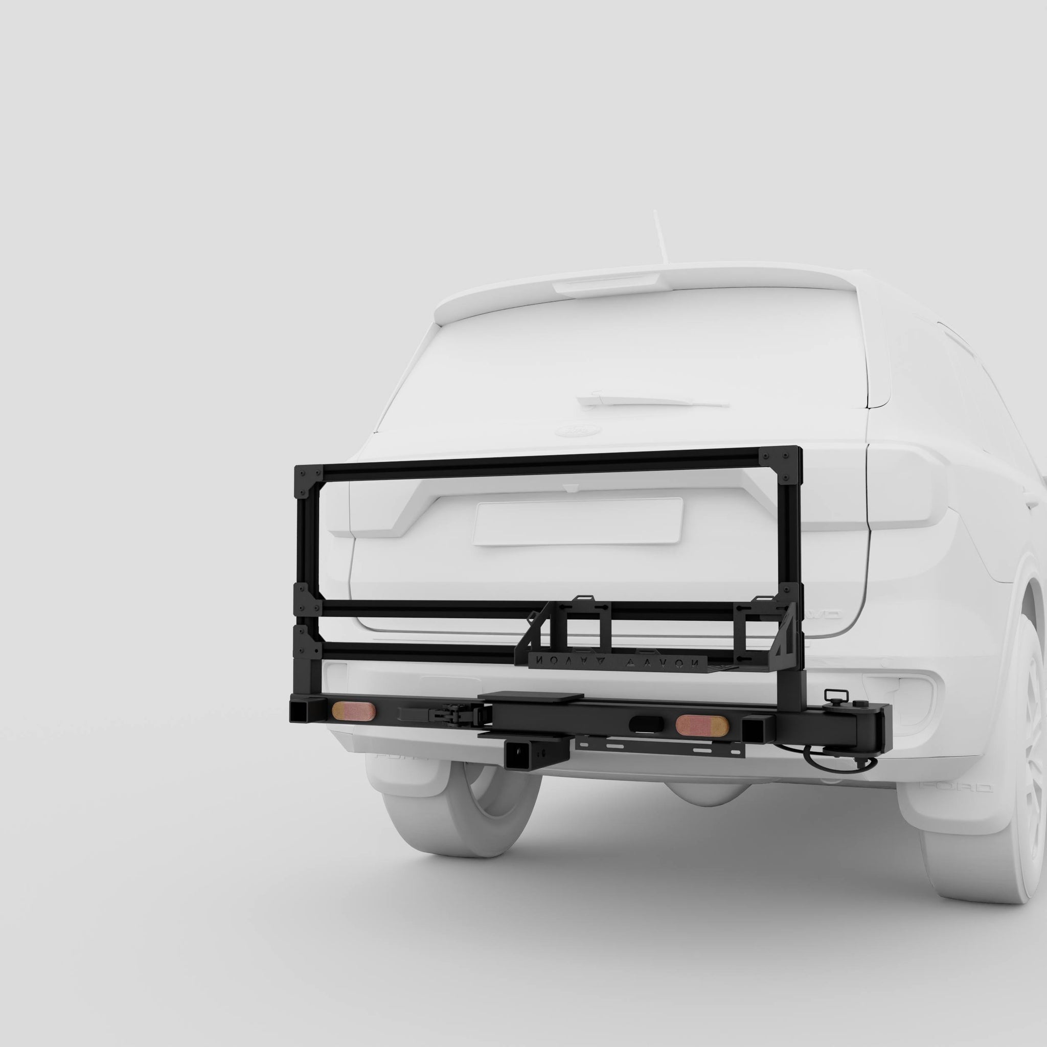 3D visual of modular hitch-mounted setup for tyres and jerry cans