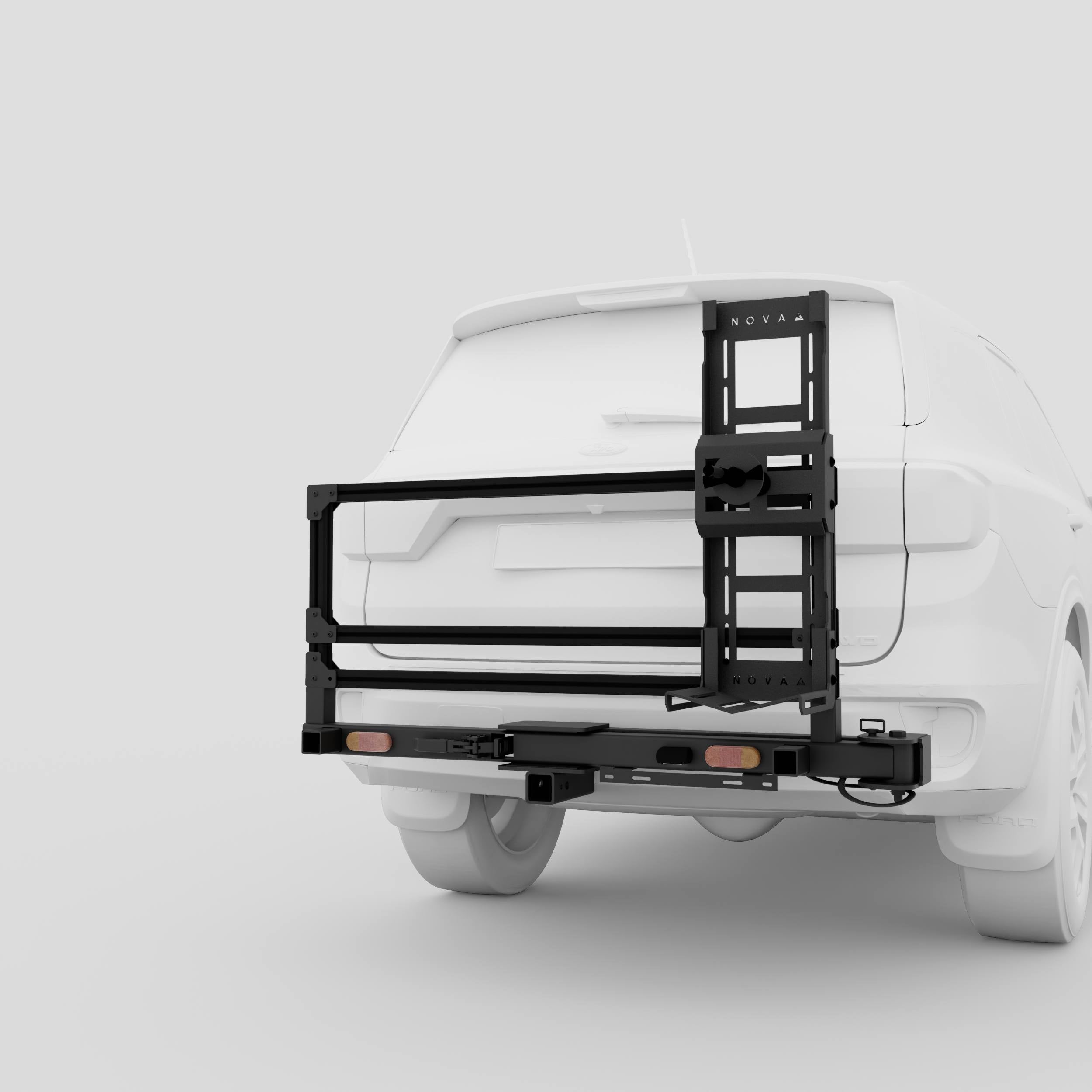 3D render showing hitch-mounted wheel holder setup for 4WDs
