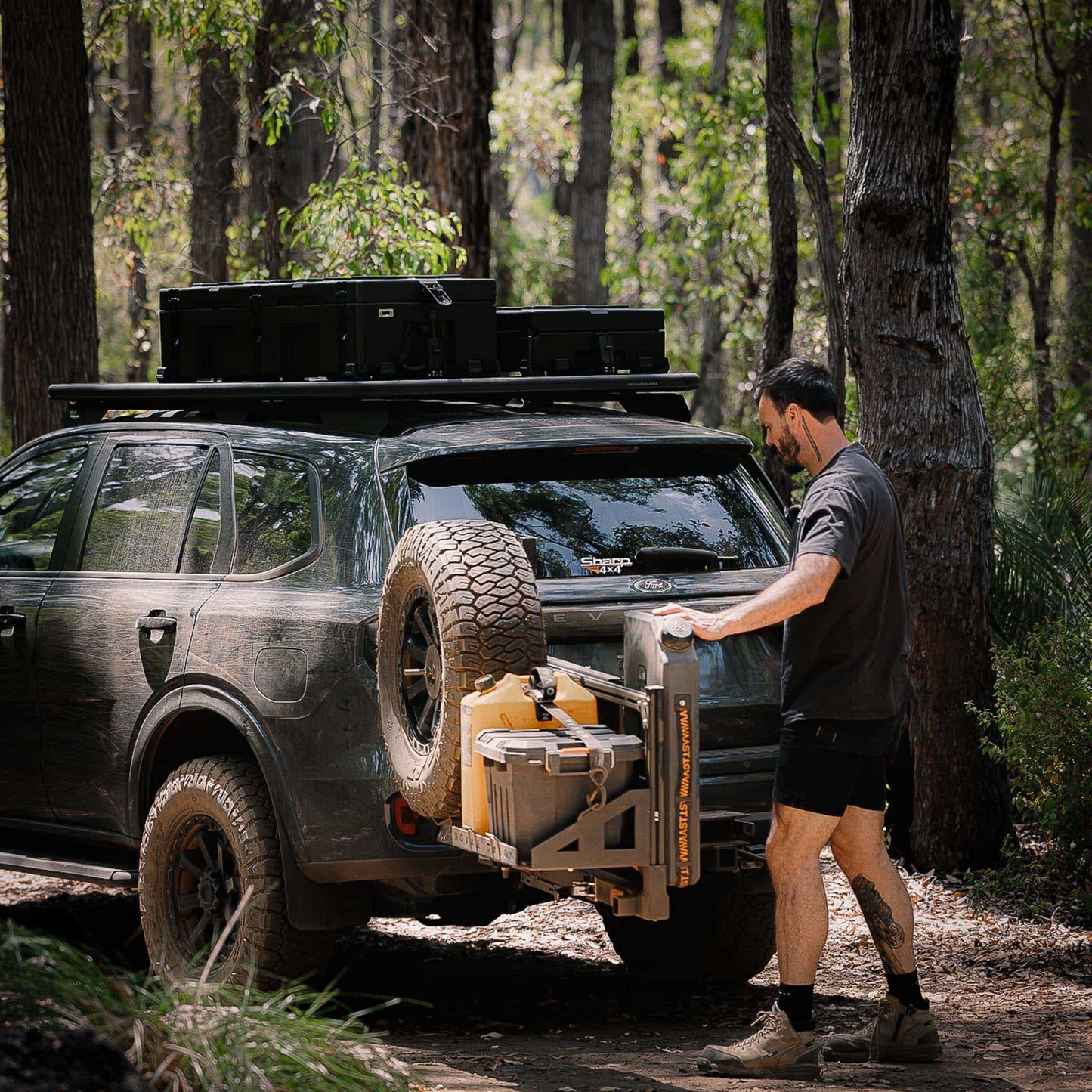 Aussie-designed swing away system with dual racks for 4WD camping
