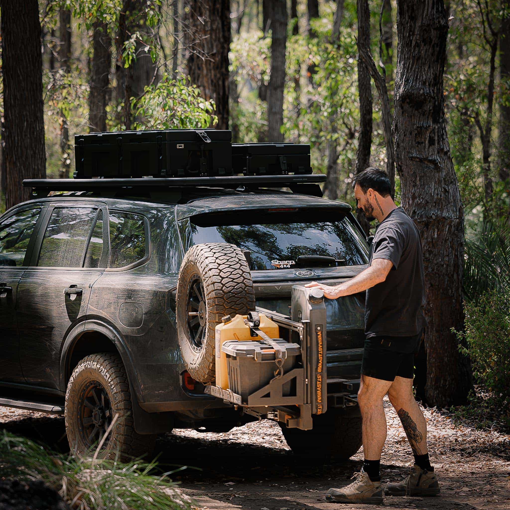 Aussie-designed swing away system with dual racks for 4WD camping